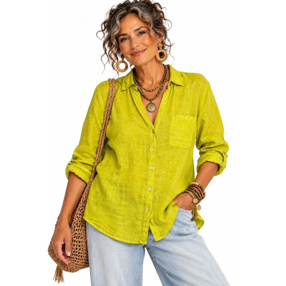 Sigrid Olsen L Lime Green 100% Linen Roll Tab Sleeve Button Down Top Artsy Lagen